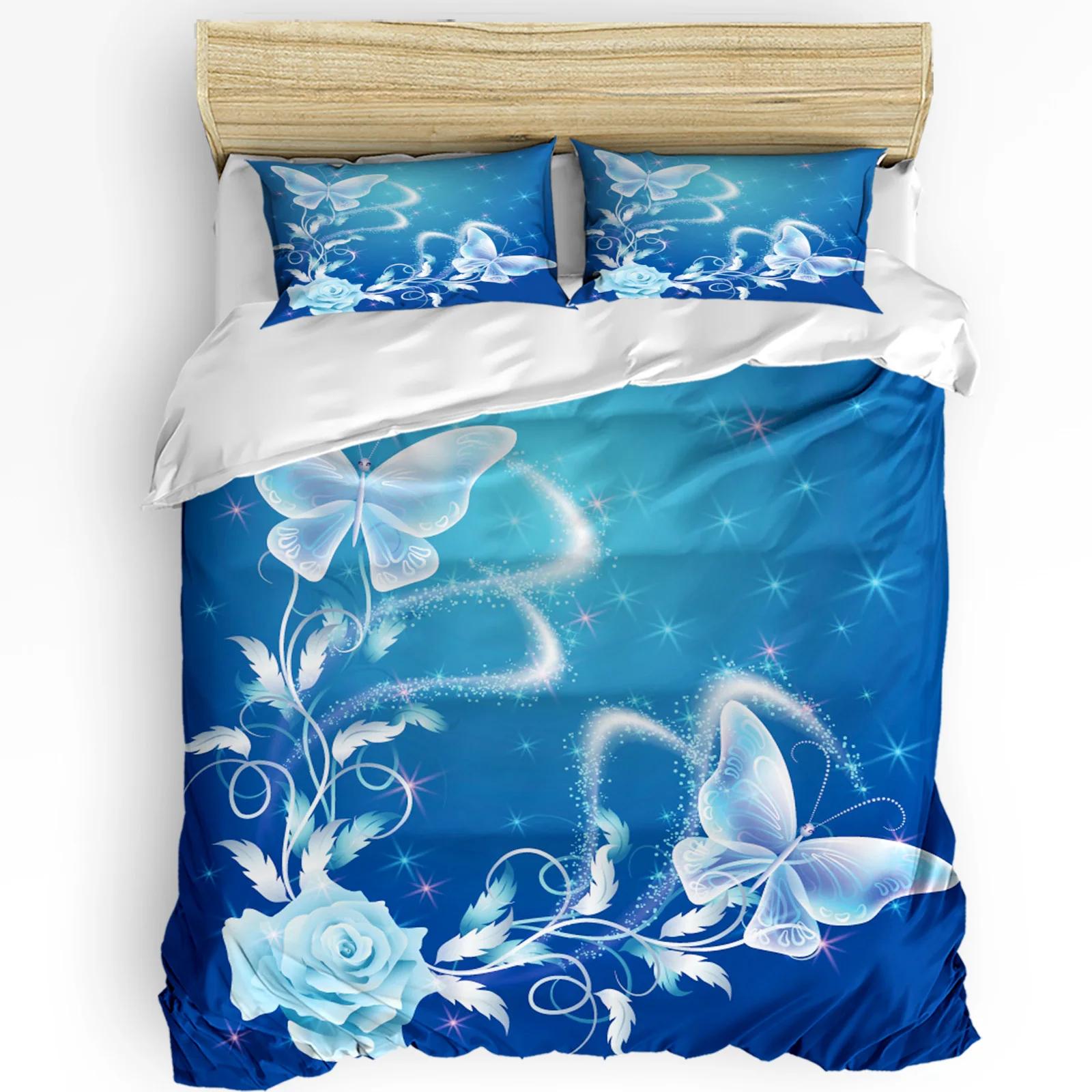 Flower Butterfly Blue 3pcs Duvet Cover SetPillow Case Double Comforter Bedding Set Quilt Cover Couple Bed